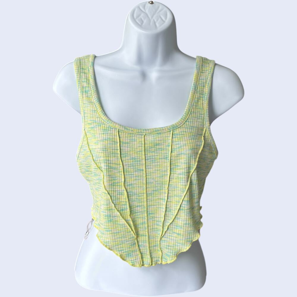 Derek Heart space-dye ribbed crop tank lettuce edge scallop hem green M